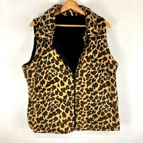 Effeci Woman Reversible Leopard Animal Print Fleece Zip Up Vest Jacket Size 1X - Picture 1 of 6